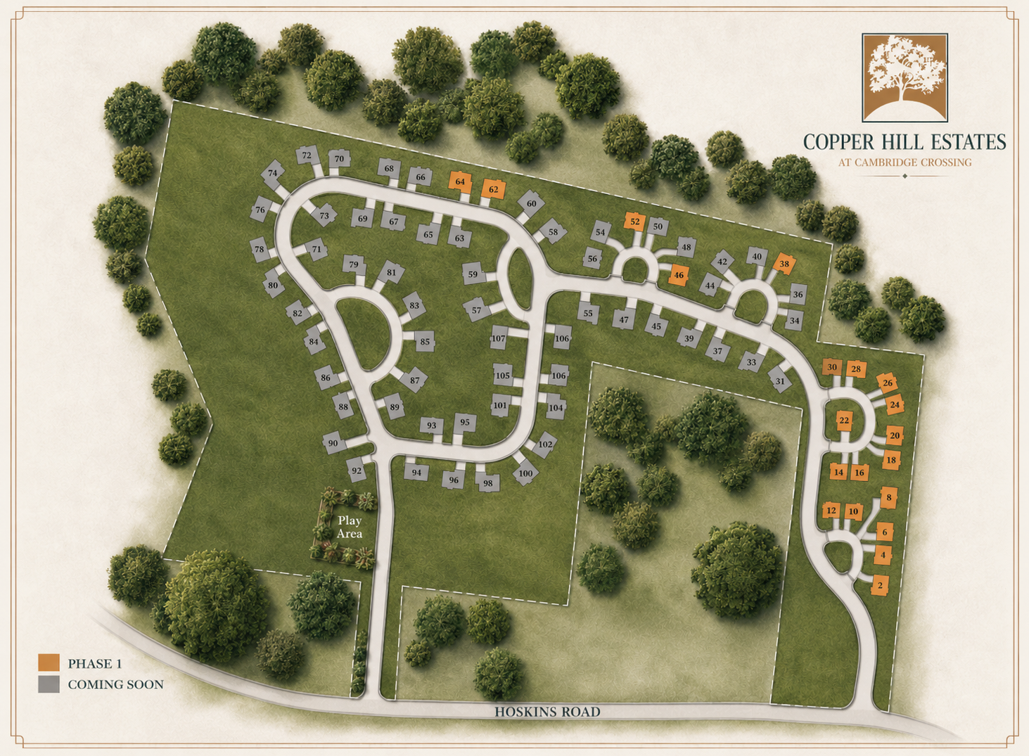 Copper Hill Estates at Cambridge Crossing site plan showing lot layout and phasing