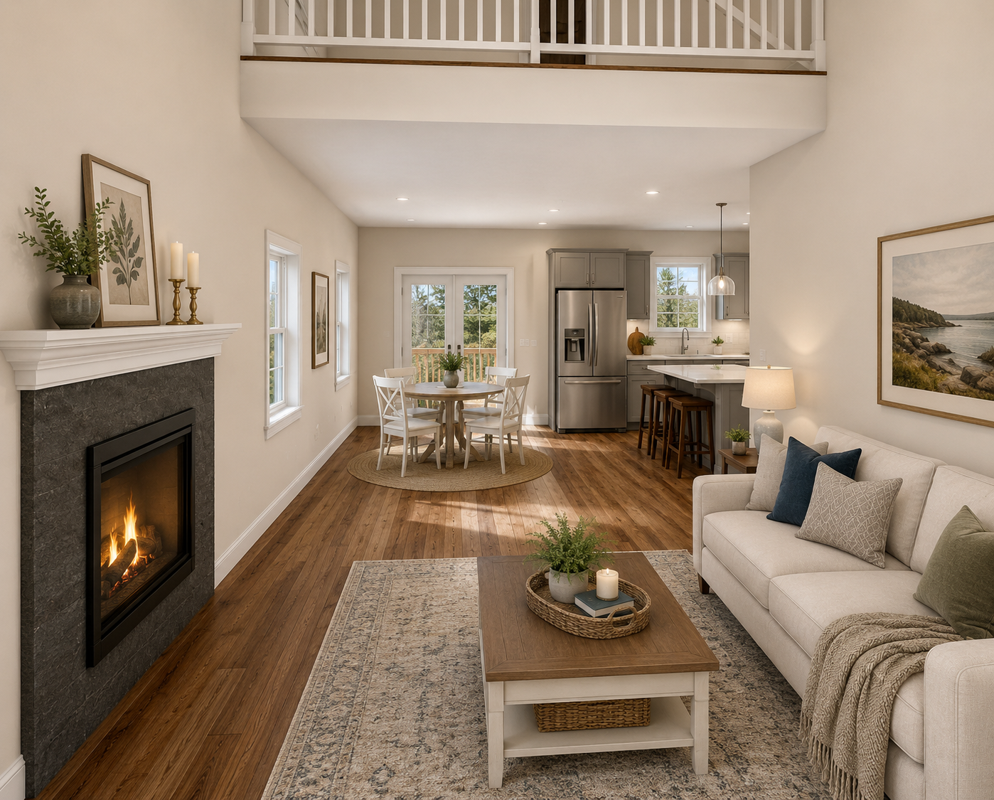 Open concept great room with gas fireplace