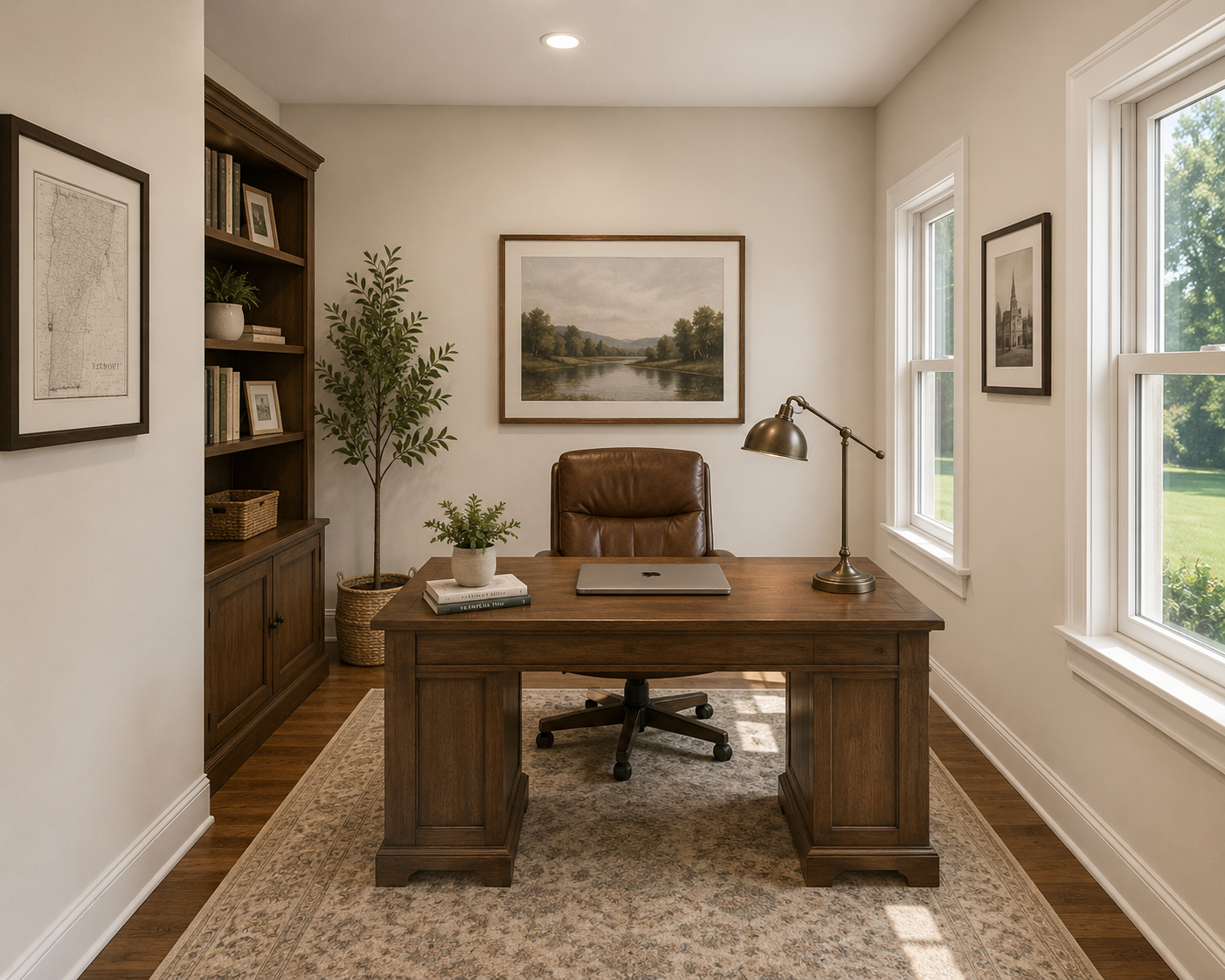 Home office with wooden desk and built-in shelves
