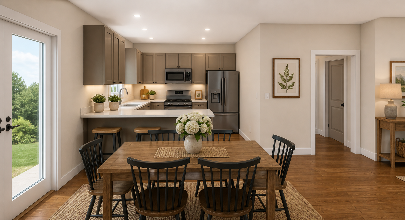 Kitchen and dining area with island and deck access