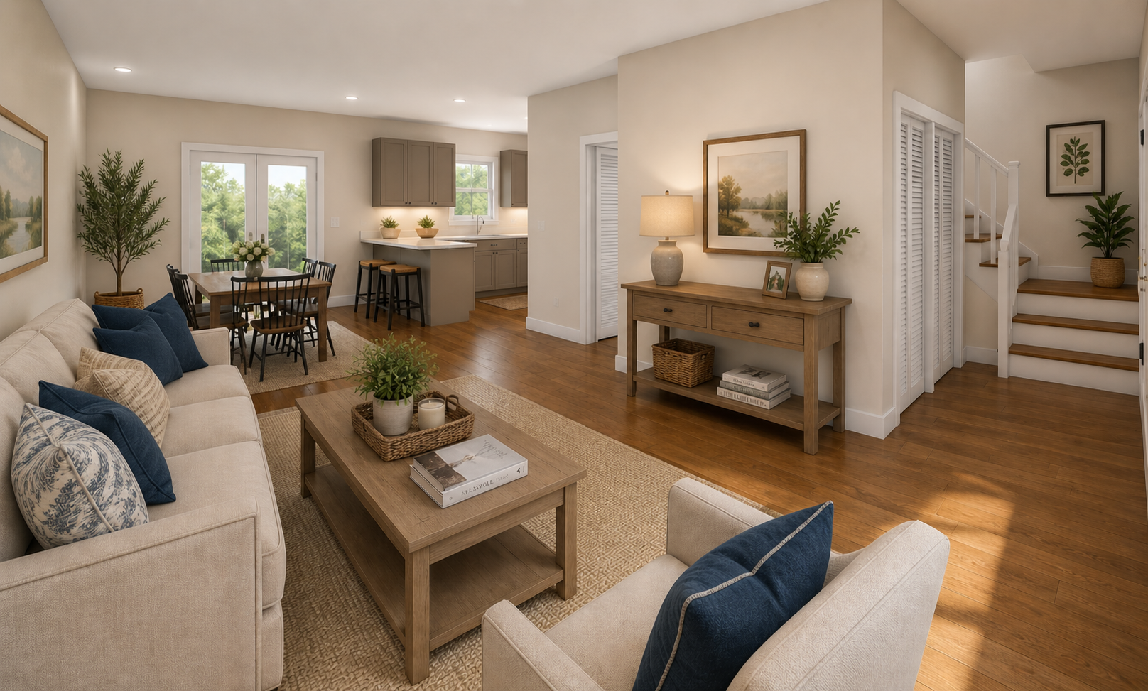 Open concept living room with fireplace, dining area and kitchen