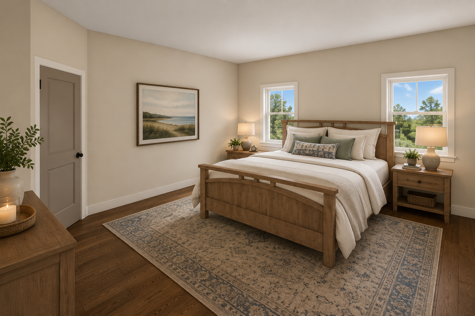 Primary bedroom with wood bed frame and hardwood floors